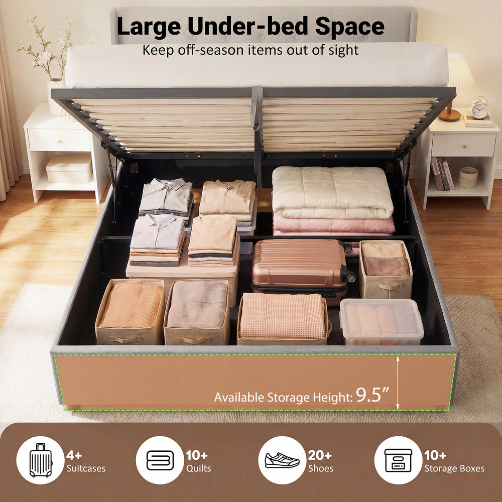 Queen size lift-up storage bed with large under-bed space, 9.5" clearance for suitcases and storage boxes, in gray.