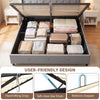 Queen size lift-up storage bed in gray with spacious under-bed storage and soft-close gas struts for easy access.