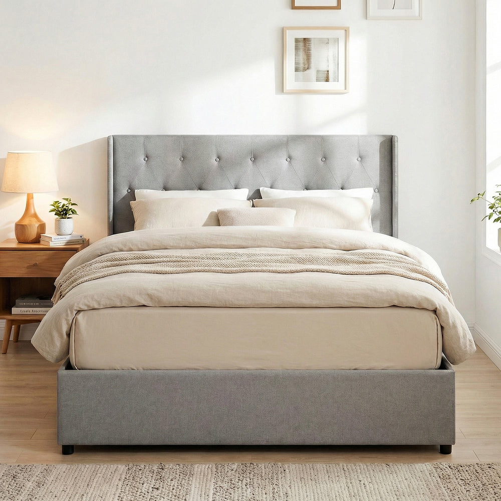 Queen size gray upholstered lift-up storage bed with tufted headboard and large under-bed storage space for.