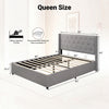Queen size lift-up storage bed in gray with tufted headboard, featuring under-bed storage and easy assembly.