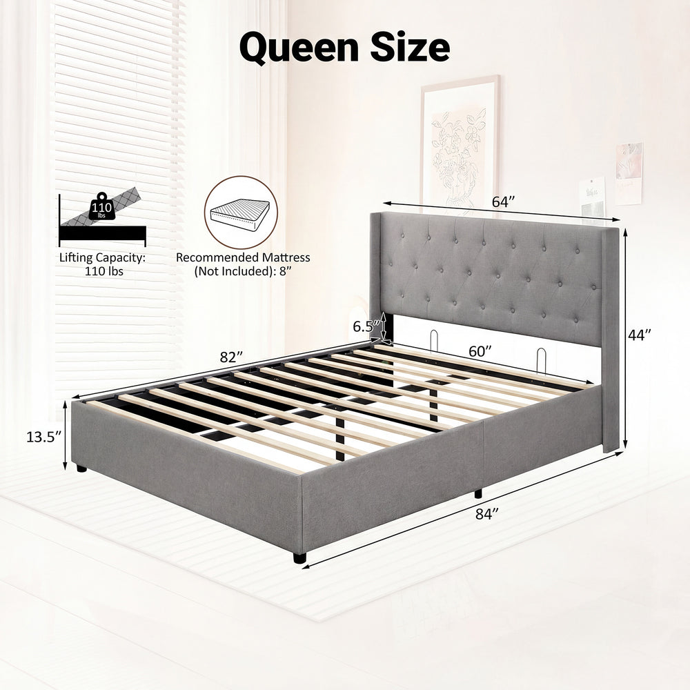 Queen size lift-up storage bed in gray with tufted headboard, featuring under-bed storage and easy assembly.
