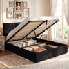 Queen size lift-up storage bed in black corduroy with under-bed storage, soft-close gas struts, and upholstered.