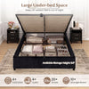 Queen size lift-up storage bed in black with large under-bed space for suitcases, quilts, and shoes, featuring a plush.