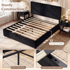 Queen size lift-up storage bed in black with upholstered headboard and sturdy LVL slats for easy assembly and support.