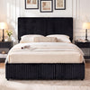 Queen size lift-up storage bed in black with plush upholstered headboard and large under-bed storage for organization.
