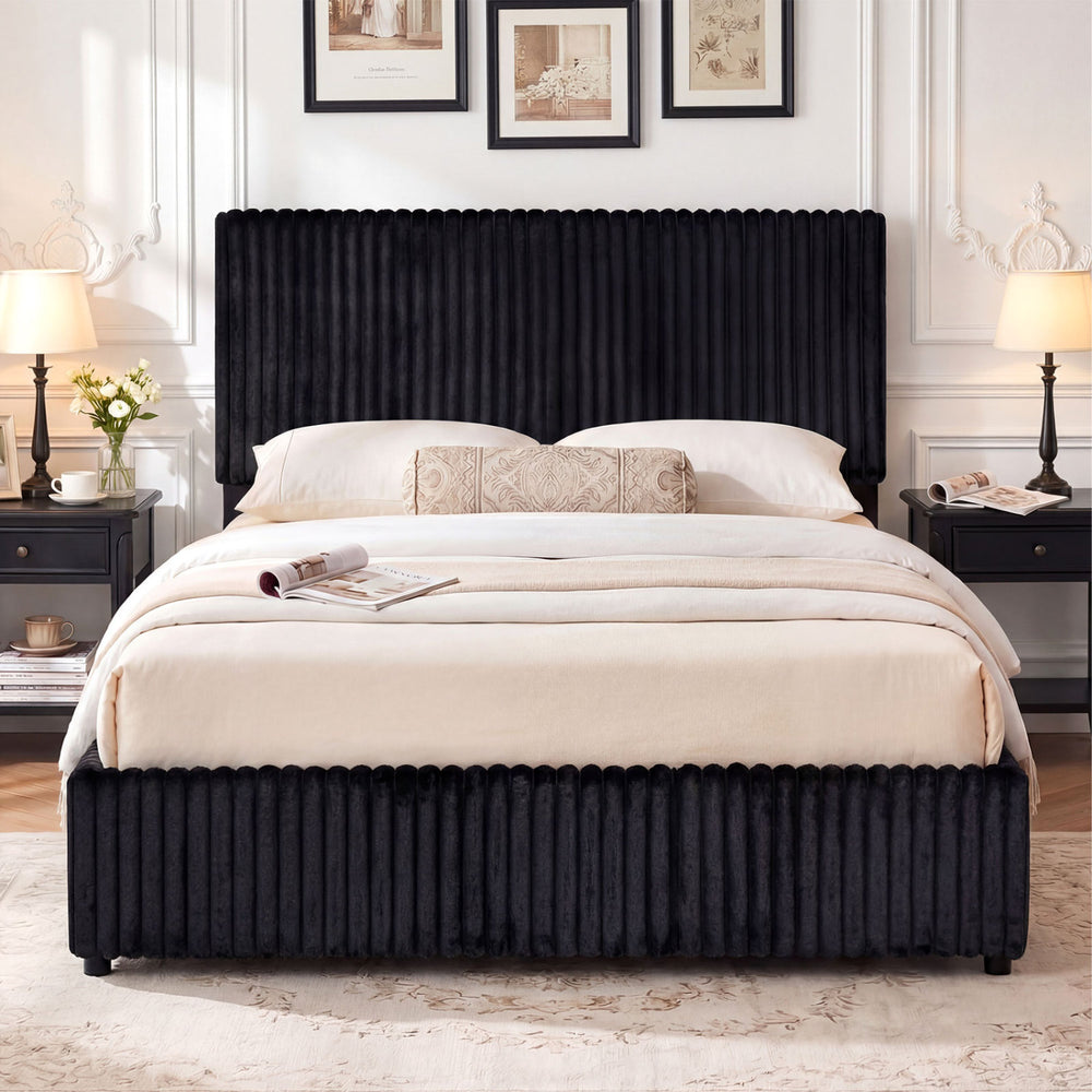 Queen size lift-up storage bed in black with plush upholstered headboard and large under-bed storage for organization.