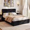 Queen size lift-up storage bed in black corduroy with plush headboard, showcasing spacious under-bed storage.
