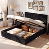Queen size lift-up storage bed in black corduroy with under-bed space for suitcases and quilts, featuring a plush.
