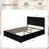 Queen size lift-up storage bed in black with wooden slat support, featuring a plush upholstered headboard and ample.