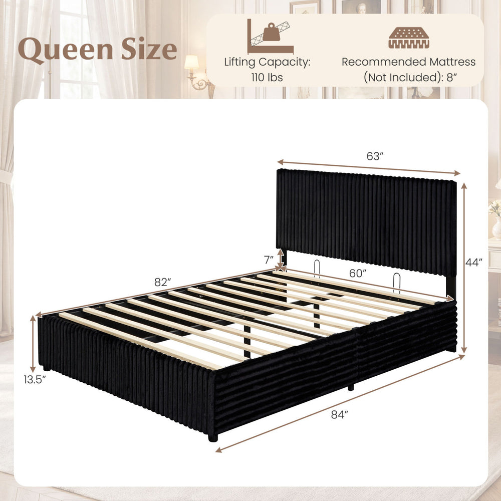 Queen size lift-up storage bed in black with wooden slat support, featuring a plush upholstered headboard and ample.