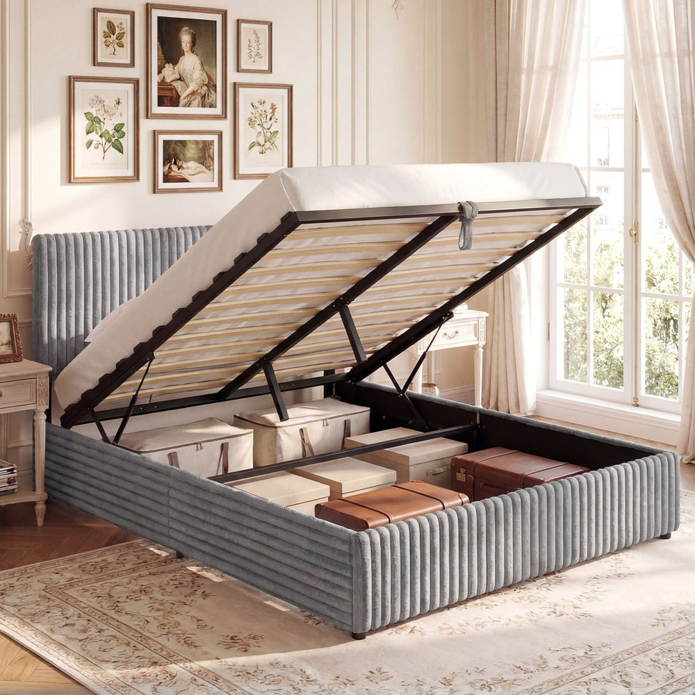Queen Size Lift-up Storage Bed with Wooden Slat Support-Gray - Gallery View 1 of 13