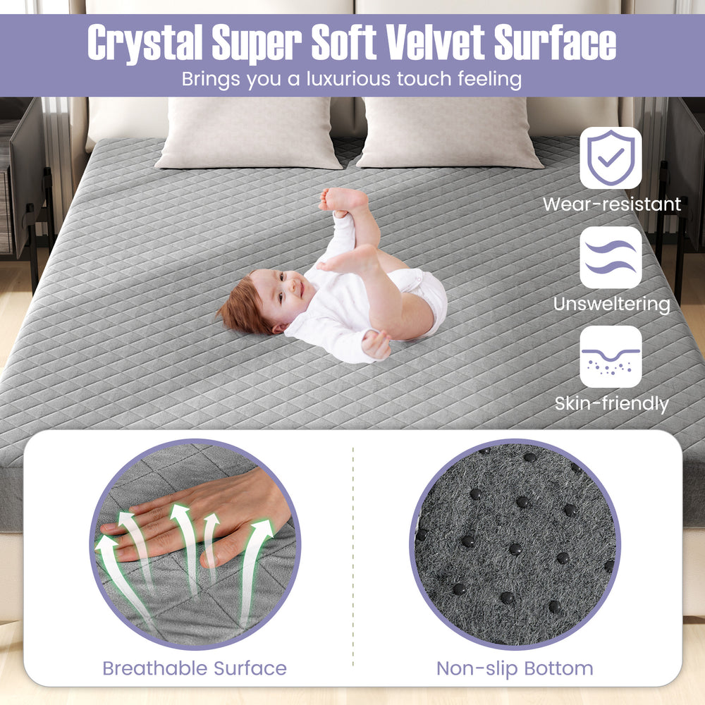 Queen size luxury super soft velvet mattress protector with breathable surface and non-slip bottom for stable sleep.