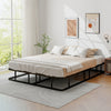 Queen size bed frame with metal slat support displayed in a bright room, highlighting its modern design and spacious.