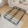Queen size bed frame with metal slat support, featuring a sturdy design and non-slip foot pads for floor protection.