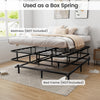 Queen size bed frame with metal slat support, showcasing sturdy construction and modern design, used as a box spring.