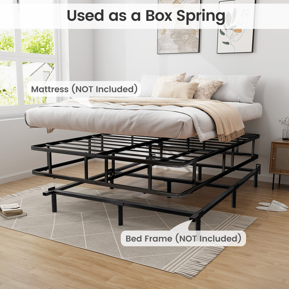 Queen size bed frame with metal slat support, showcasing sturdy construction and modern design, used as a box spring.