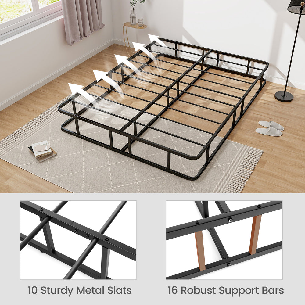 Queen size bed frame with metal slat support, featuring 10 slats and 16 support bars for durability and stability.