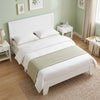 Queen size modern bed frame in white with mid-century headboard, featuring wooden slats and under-bed storage space.