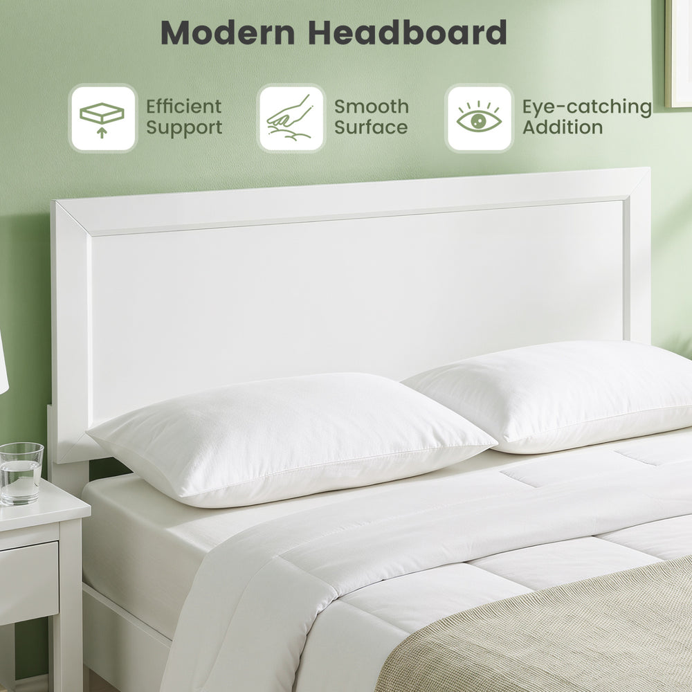 Queen size modern bed frame with white headboard, featuring smooth surface and efficient support for stylish bedroom.