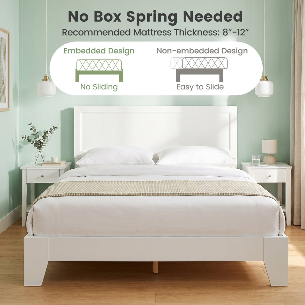 Queen size modern bed frame in white with headboard, featuring solid wooden slats and ample under-bed storage space.
