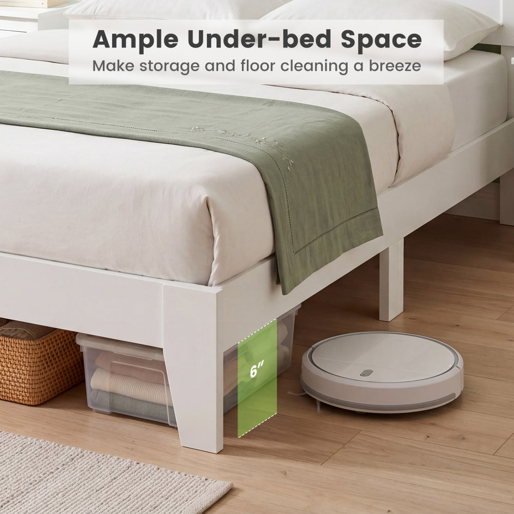 Queen size modern bed frame in white showcasing 6" under-bed space for storage and easy floor cleaning.