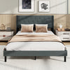 Queen size upholstered bed frame with button tufted wingback headboard in gray, featuring wooden slats for mattress.