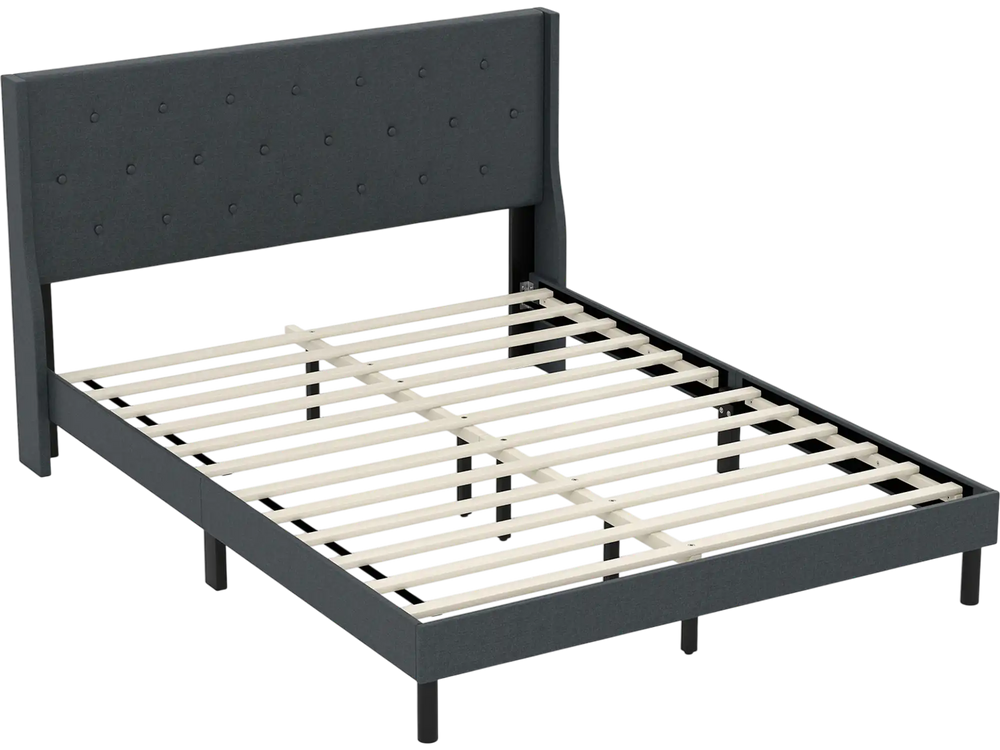 Queen size upholstered bed frame with button tufted wingback headboard and wooden slats for mattress support in gray.