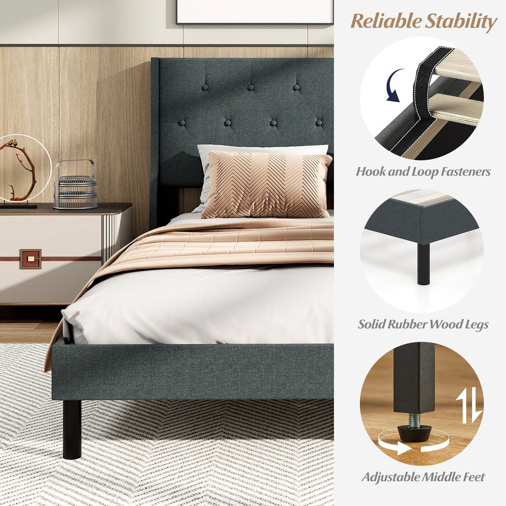 Queen size upholstered bed frame in gray with button tufted headboard and solid rubber wood legs for sturdy support.