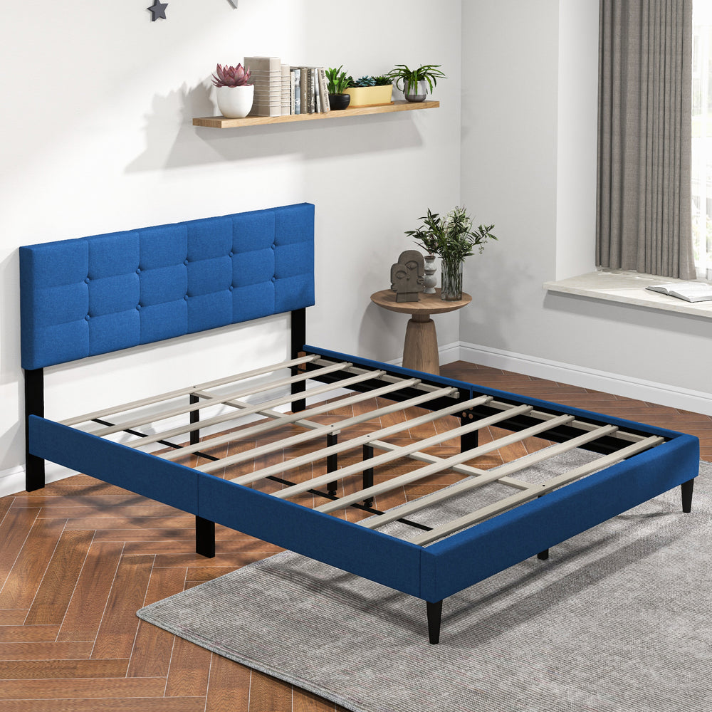 Queen size upholstered platform bed in blue with button tufted headboard, featuring solid wooden slats and modern.