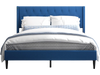 Queen size upholstered platform bed in blue with button tufted wingback headboard, ideal for stylish bedroom decor.