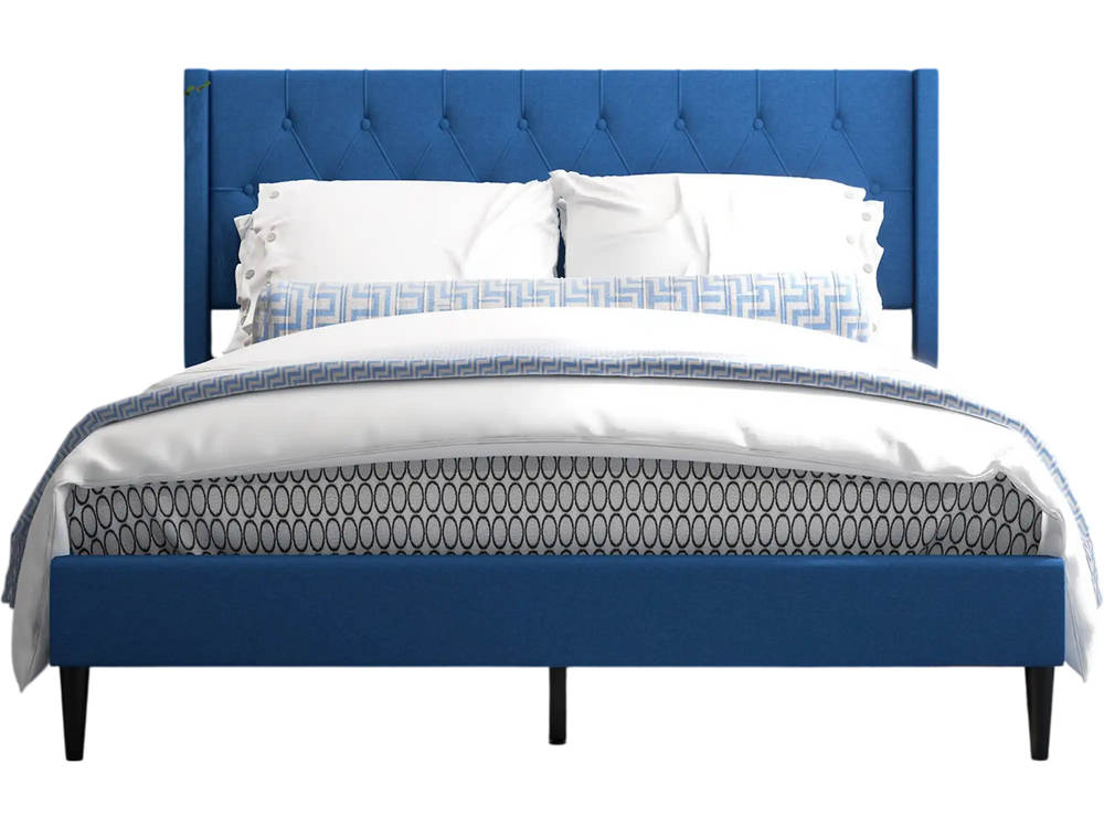 Queen size upholstered platform bed in blue with button tufted wingback headboard, ideal for stylish bedroom decor.