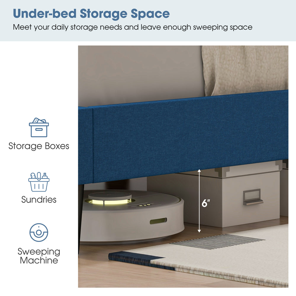 Queen size upholstered platform bed in blue with under-bed storage space and button tufted headboard for modern.