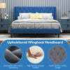 Queen size upholstered platform bed with blue button tufted wingback headboard, offering stylish design and under-bed.