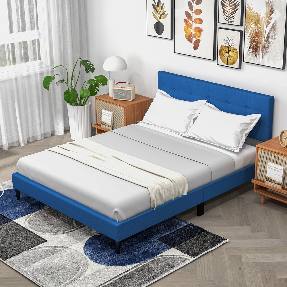 Queen size upholstered platform bed with blue button tufted headboard, showcasing a simple design and high-density.