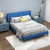 Queen size upholstered platform bed in blue with button tufted headboard, ideal for stylish bedroom decor and storage.