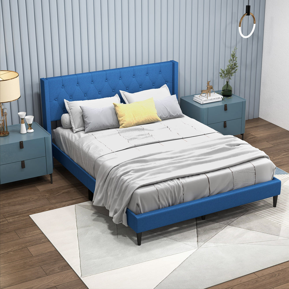 Queen size upholstered platform bed in blue with button tufted headboard, ideal for stylish bedroom decor and storage.