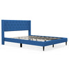 Queen size upholstered platform bed in blue with button tufted wingback headboard and solid wood legs for stability.