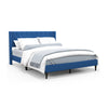 Queen size upholstered platform bed in blue with a padded headboard, perfect for comfort and style in any bedroom.