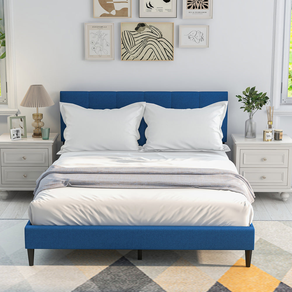 Queen size upholstered platform bed in blue showcasing a padded headboard and stylish design, suitable for any bedroom.