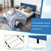 Queen size upholstered platform bed in blue with button tufted headboard and solid wood legs, ideal for stylish bedroom.