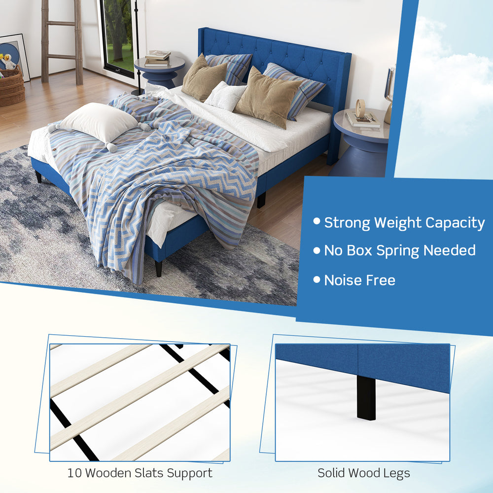 Queen size upholstered platform bed in blue with button tufted headboard and solid wood legs, ideal for stylish bedroom.