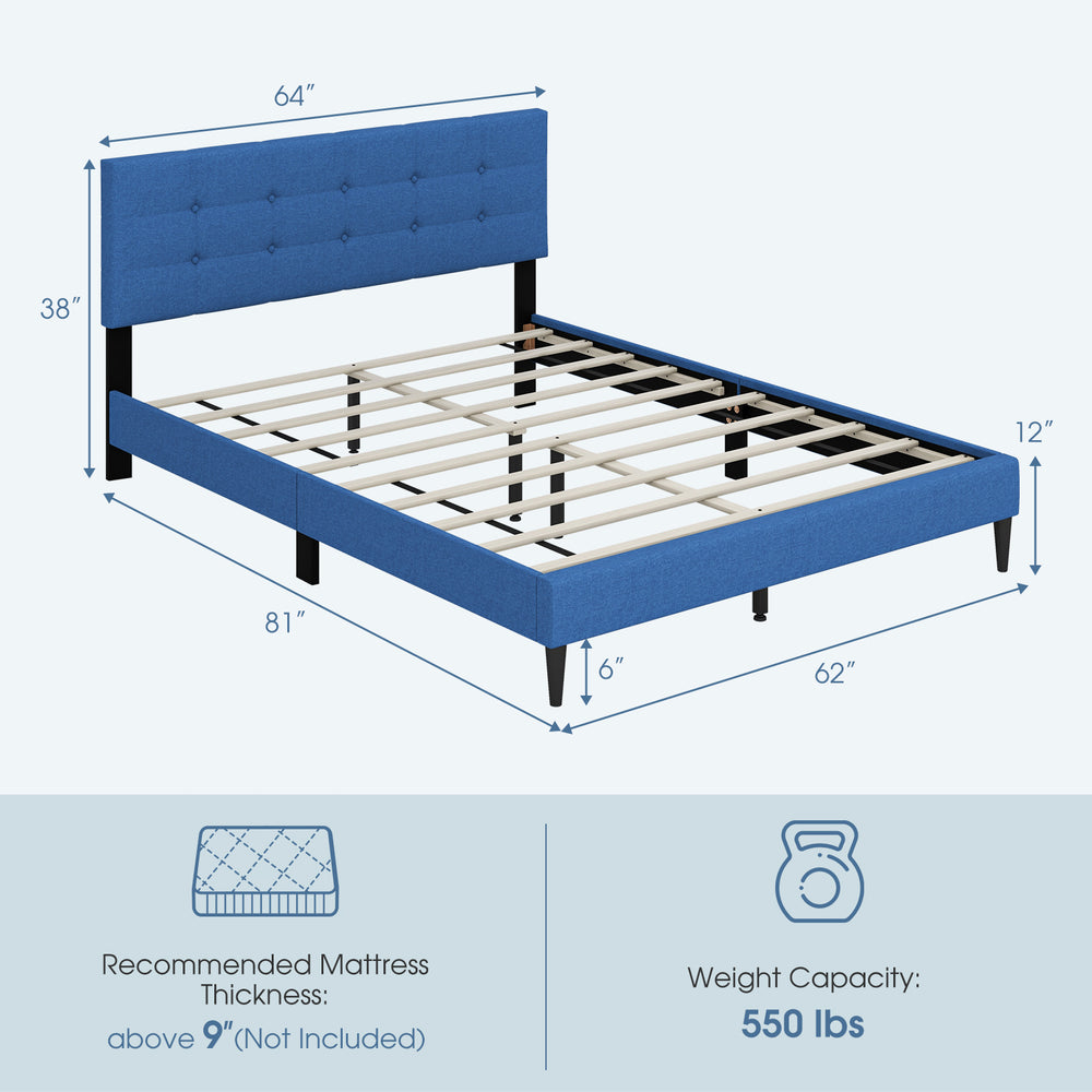 Queen size upholstered platform bed in blue with button tufted headboard, featuring solid wooden slats for support.