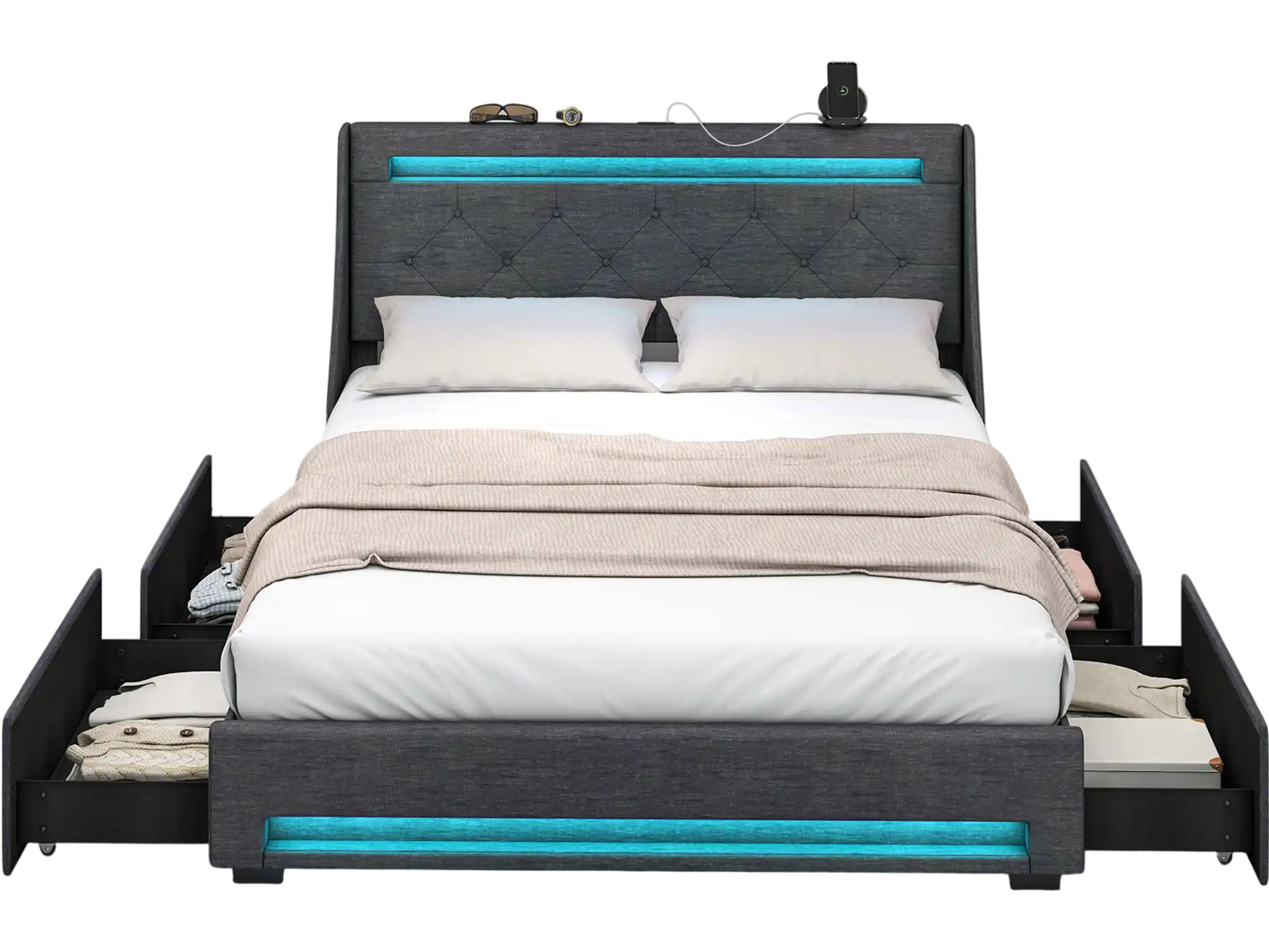 Costway Queen Upholstered Platform Bed Frame LED Charging Station Grey 72581496 New