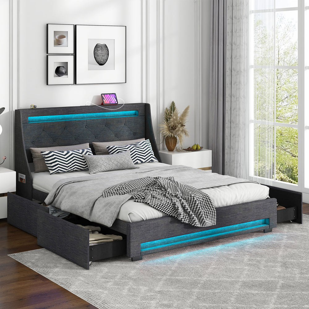Queen size upholstered platform bed frame in grey with LED lights, charging station, and four spacious drawers for.