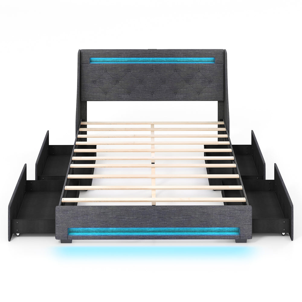 Queen size upholstered platform bed frame in grey with LED lights, charging station, and four large storage drawers.