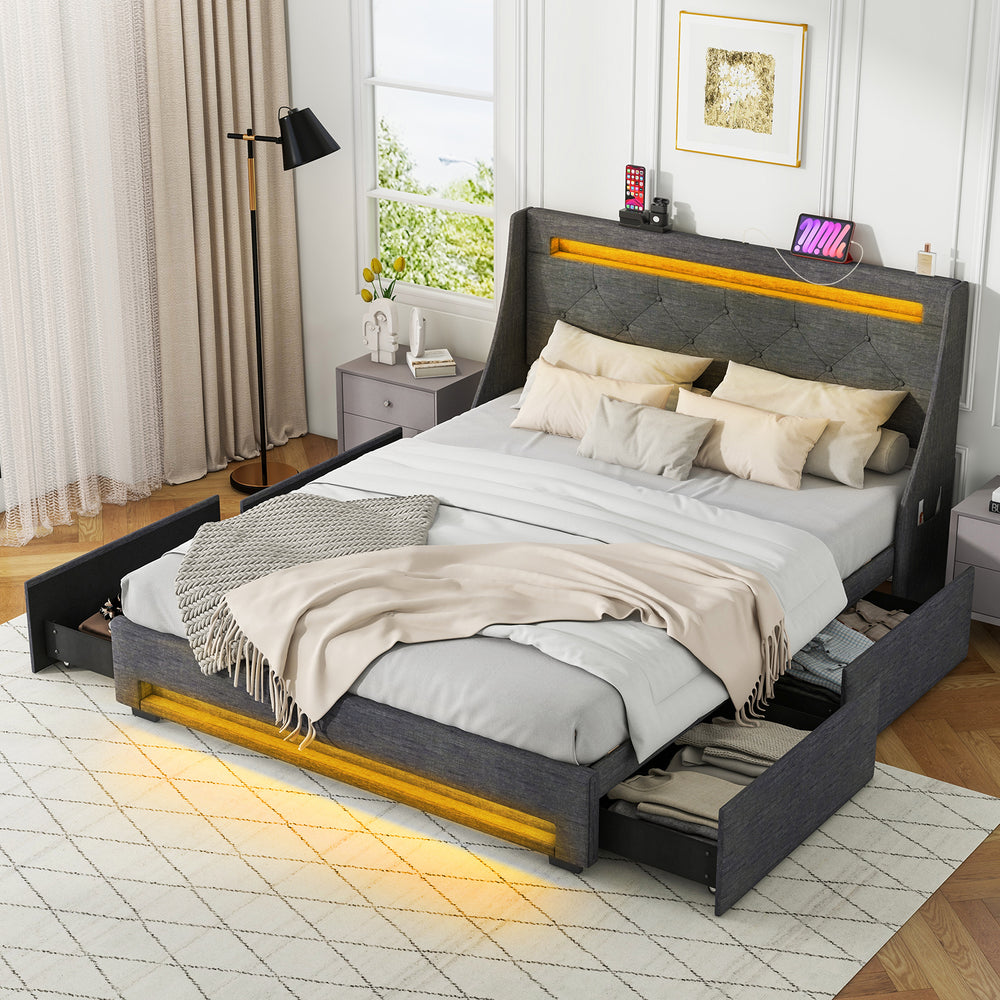 Queen size upholstered platform bed frame in grey showcasing a button-tufted headboard and built-in LED lights for.