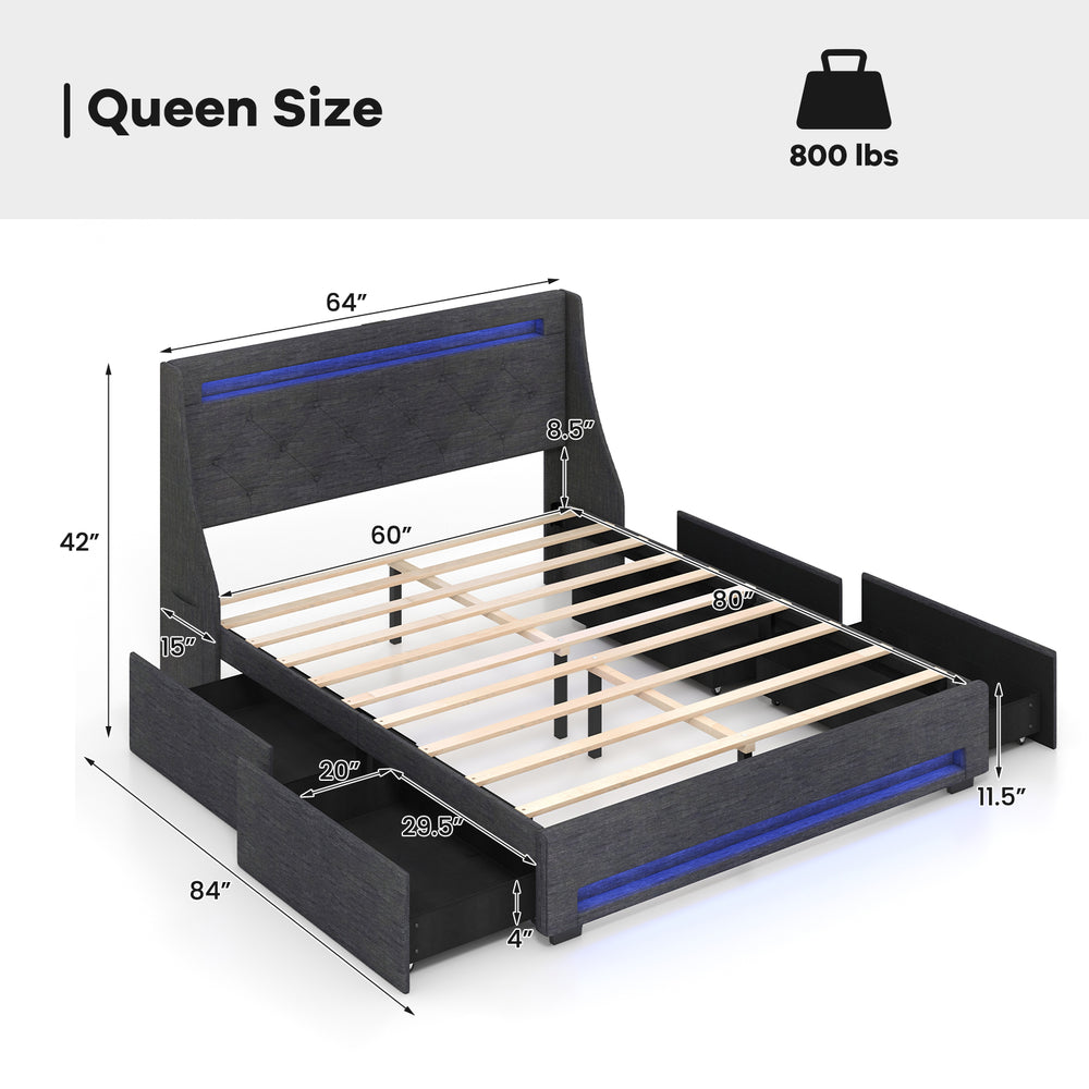Queen size upholstered platform bed frame in grey with LED lights, charging station, and four spacious drawers.