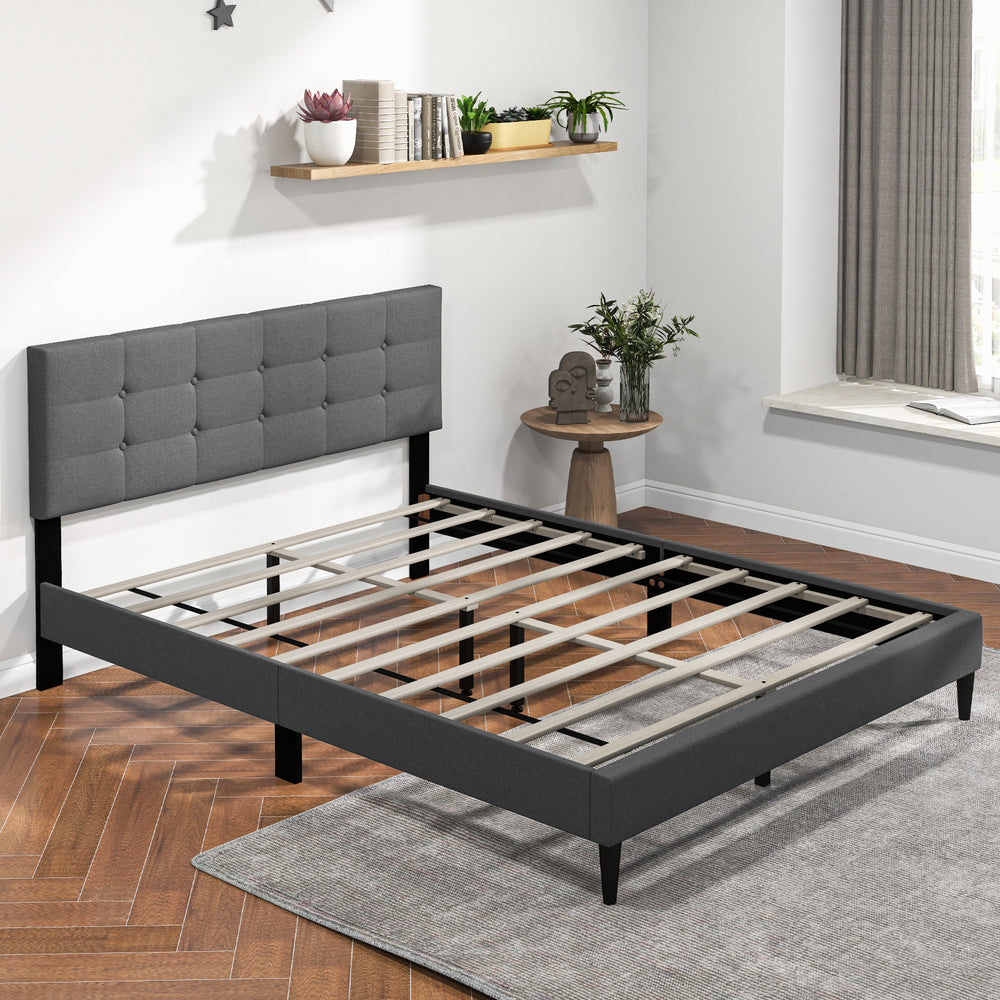 Queen Size Upholstered Platform Bed with Button Tufted Headboard-Gray - Gallery View 1 of 10