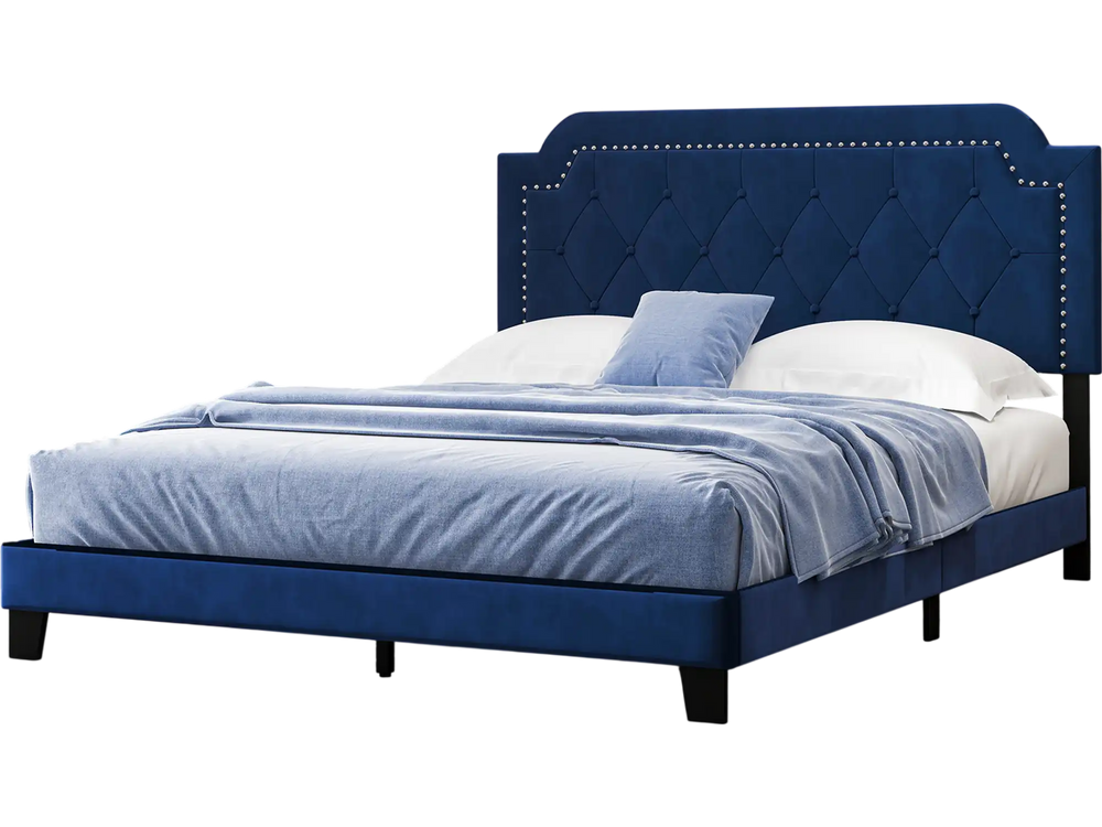 Queen size velvet platform bed with button tufted headboard and nailhead trim, ideal for stylish bedroom decor.
