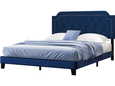 Costway Queen Velvet Platform Bed Button Tufted Nailhead Trim Headboard 38512967 New